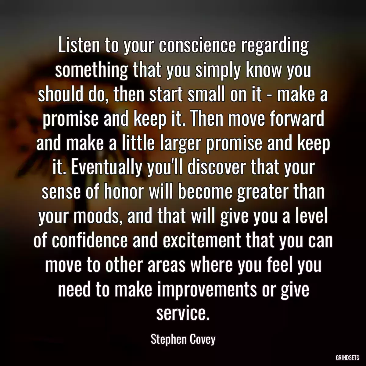 Listen to your conscience regarding something that you simply know you should do, then start small on it - make a promise and keep it. Then move forward and make a little larger promise and keep it. Eventually you\'ll discover that your sense of honor will become greater than your moods, and that will give you a level of confidence and excitement that you can move to other areas where you feel you need to make improvements or give service.