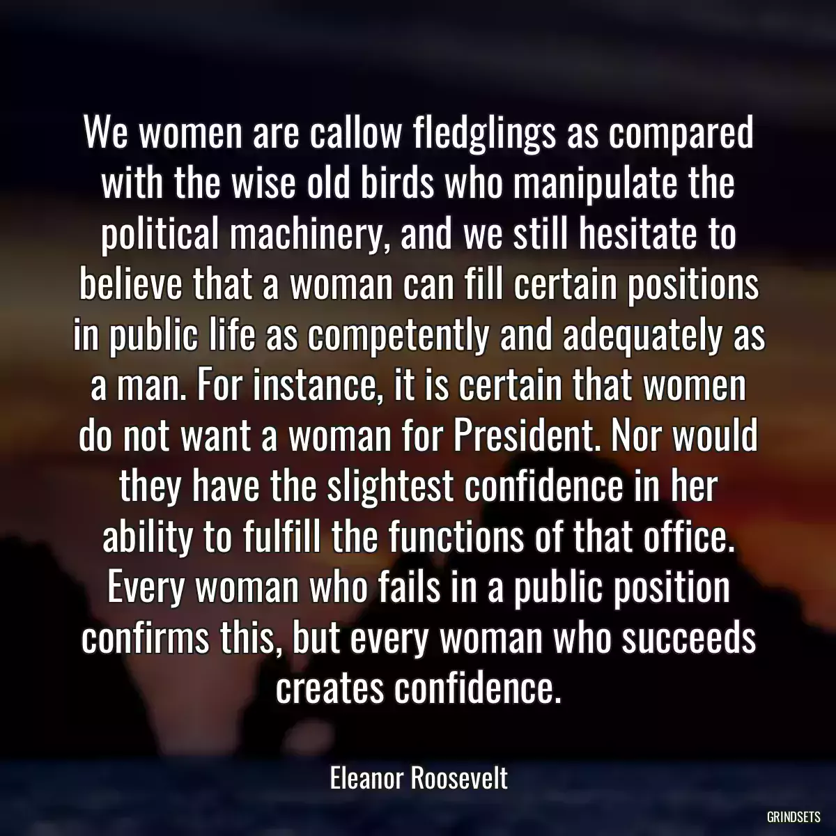 We women are callow fledglings as compared with the wise old birds who manipulate the political machinery, and we still hesitate to believe that a woman can fill certain positions in public life as competently and adequately as a man. For instance, it is certain that women do not want a woman for President. Nor would they have the slightest confidence in her ability to fulfill the functions of that office. Every woman who fails in a public position confirms this, but every woman who succeeds creates confidence.