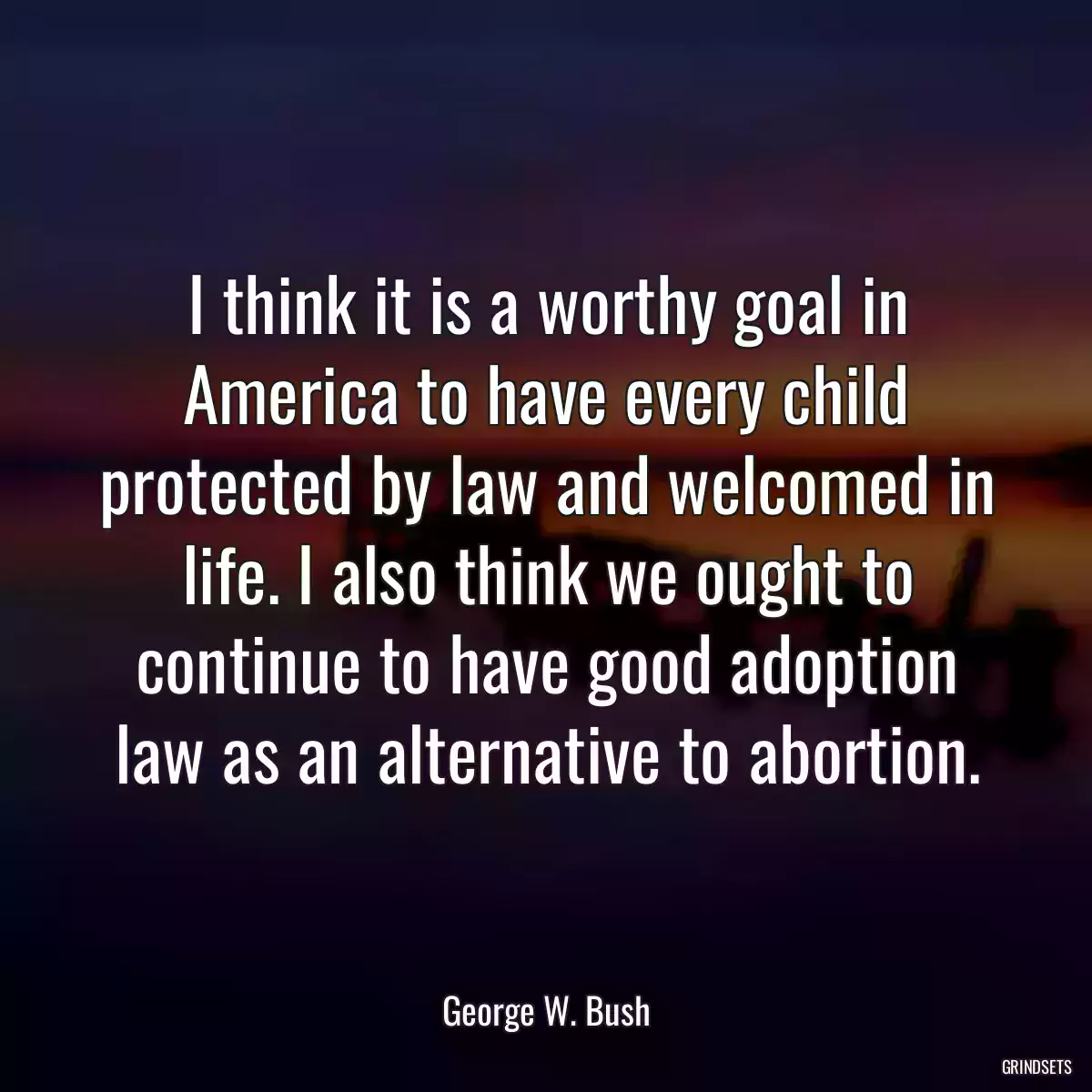 I think it is a worthy goal in America to have every child protected by law and welcomed in life. I also think we ought to continue to have good adoption law as an alternative to abortion.