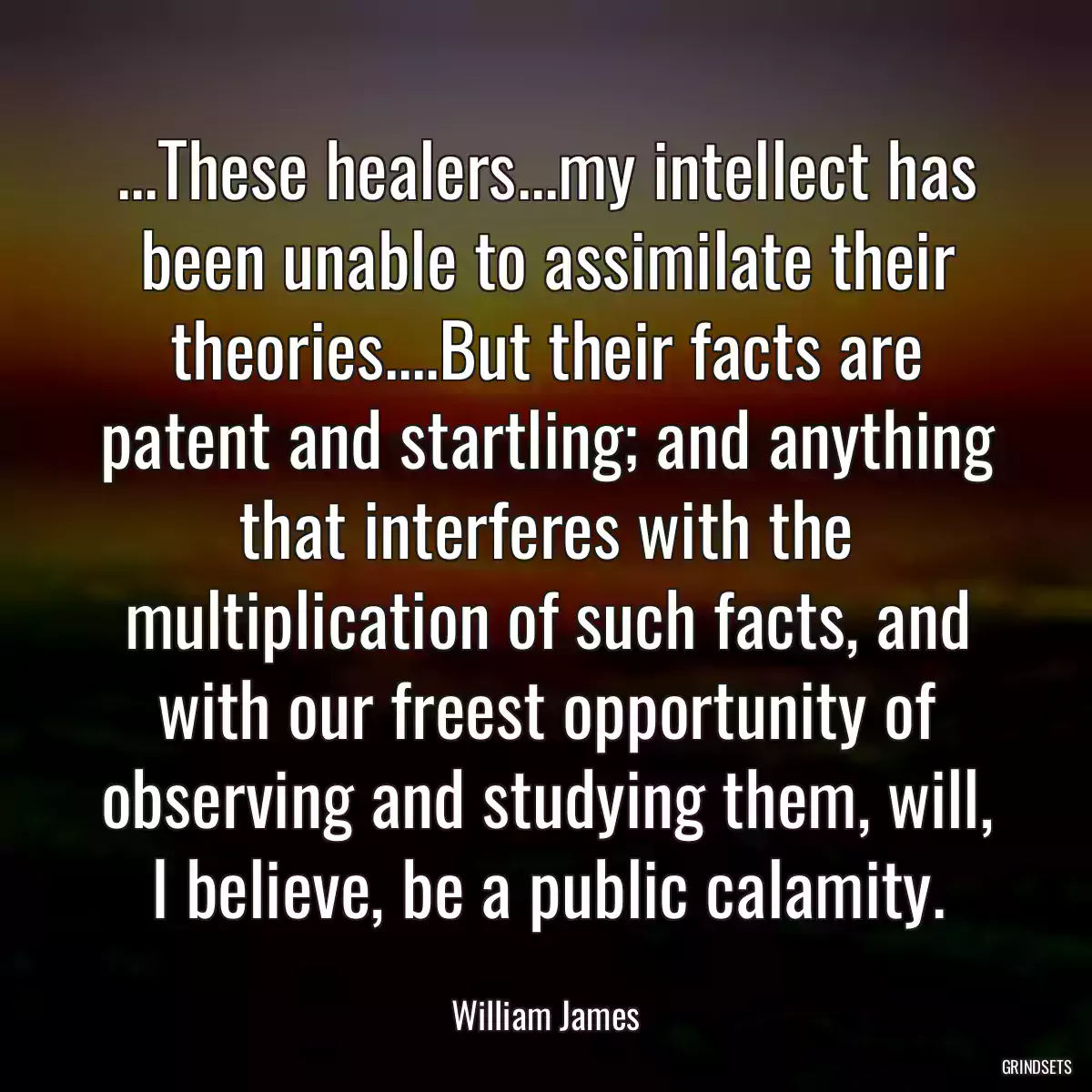 ...These healers...my intellect has been unable to assimilate their theories....But their facts are patent and startling; and anything that interferes with the multiplication of such facts, and with our freest opportunity of observing and studying them, will, I believe, be a public calamity.