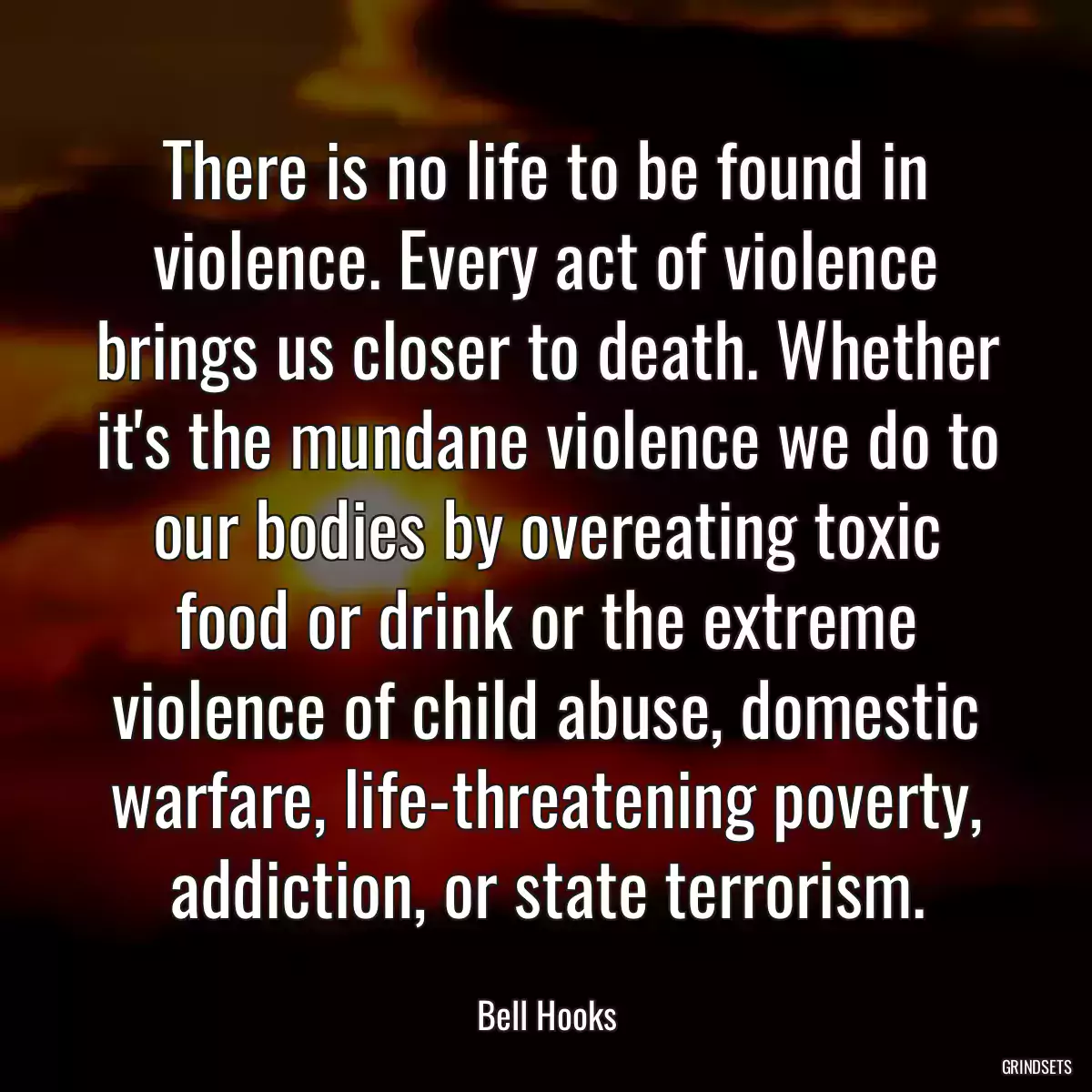 There is no life to be found in violence. Every act of violence brings us closer to death. Whether it\'s the mundane violence we do to our bodies by overeating toxic food or drink or the extreme violence of child abuse, domestic warfare, life-threatening poverty, addiction, or state terrorism.