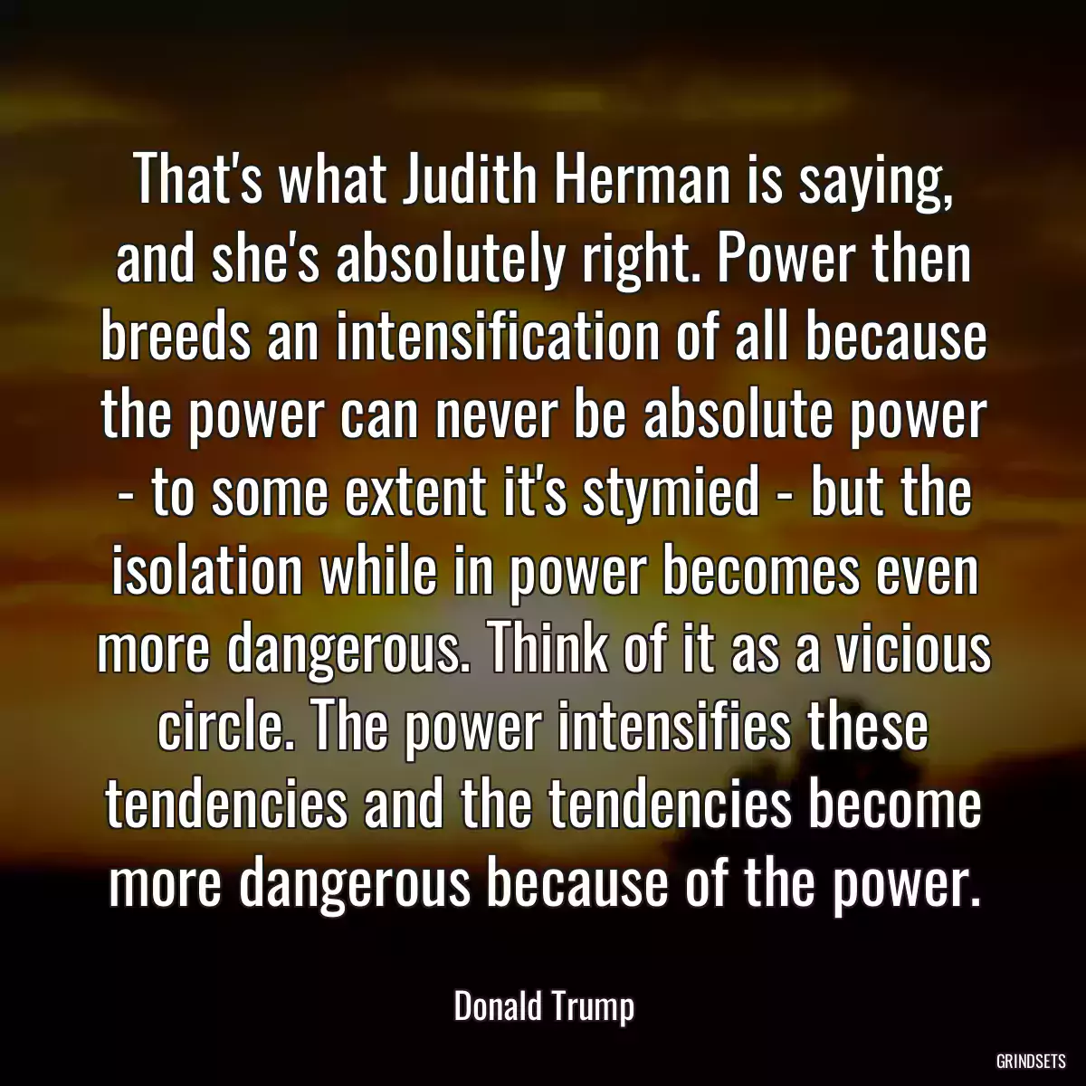 That\'s what Judith Herman is saying, and she\'s absolutely right. Power then breeds an intensification of all because the power can never be absolute power - to some extent it\'s stymied - but the isolation while in power becomes even more dangerous. Think of it as a vicious circle. The power intensifies these tendencies and the tendencies become more dangerous because of the power.