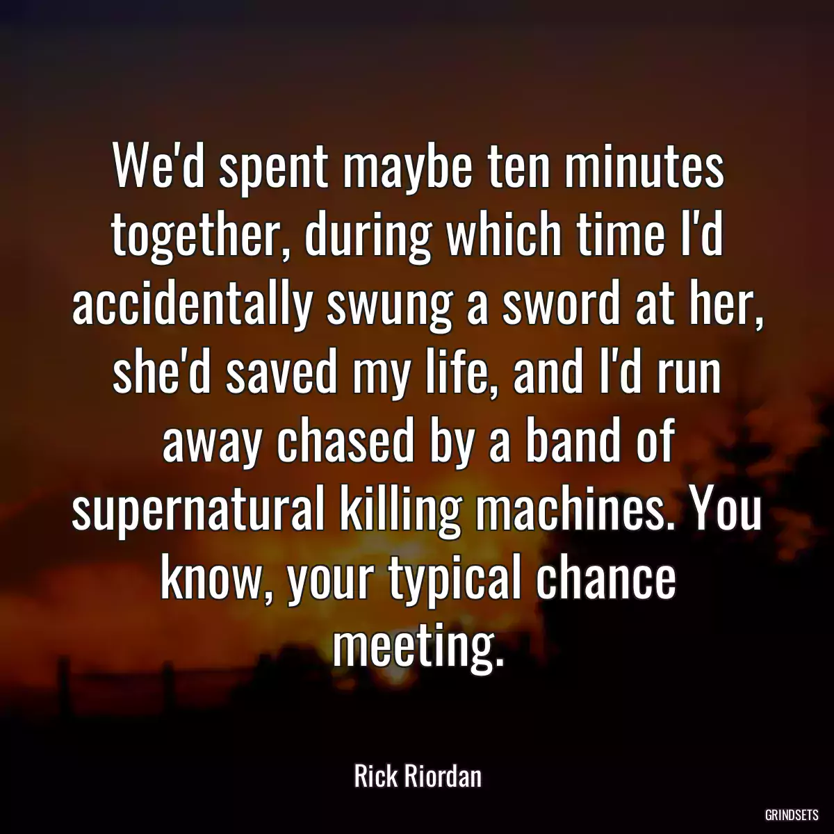 We\'d spent maybe ten minutes together, during which time I\'d accidentally swung a sword at her, she\'d saved my life, and I\'d run away chased by a band of supernatural killing machines. You know, your typical chance meeting.