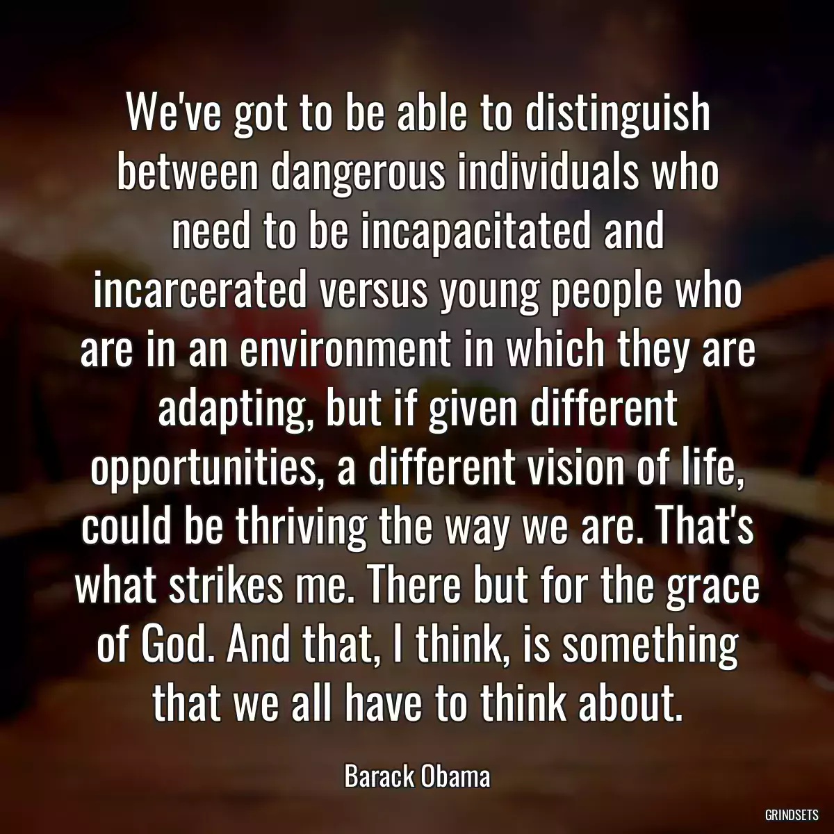 We\'ve got to be able to distinguish between dangerous individuals who need to be incapacitated and incarcerated versus young people who are in an environment in which they are adapting, but if given different opportunities, a different vision of life, could be thriving the way we are. That\'s what strikes me. There but for the grace of God. And that, I think, is something that we all have to think about.