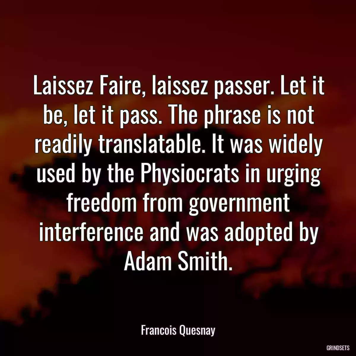 Laissez Faire, laissez passer. Let it be, let it pass. The phrase is not readily translatable. It was widely used by the Physiocrats in urging freedom from government interference and was adopted by Adam Smith.