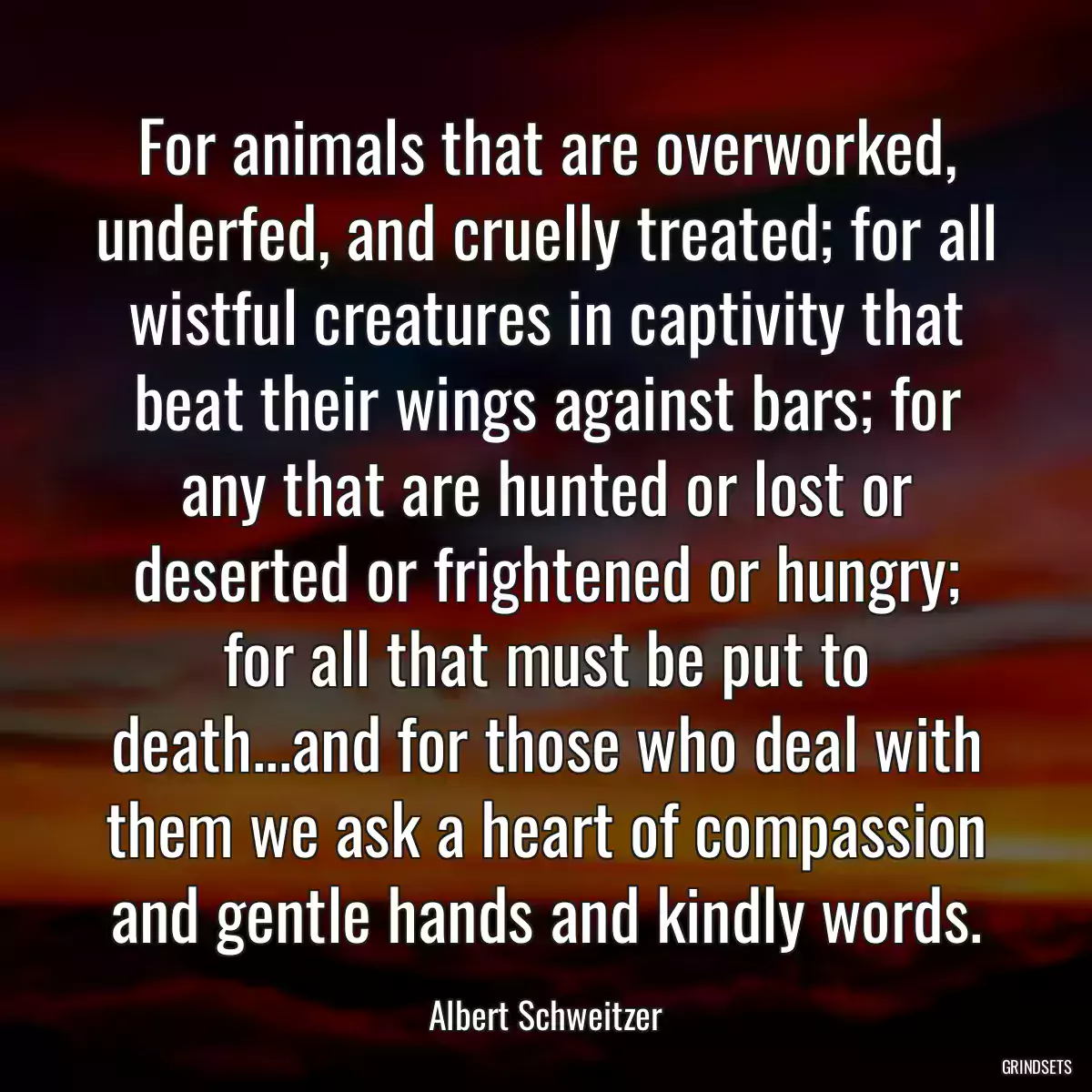 For animals that are overworked, underfed, and cruelly treated; for all wistful creatures in captivity that beat their wings against bars; for any that are hunted or lost or deserted or frightened or hungry; for all that must be put to death...and for those who deal with them we ask a heart of compassion and gentle hands and kindly words.