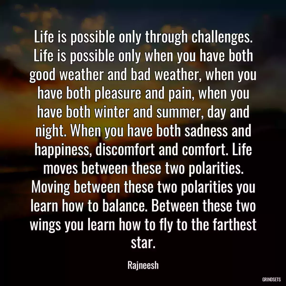 Life is possible only through challenges. Life is possible only when you have both good weather and bad weather, when you have both pleasure and pain, when you have both winter and summer, day and night. When you have both sadness and happiness, discomfort and comfort. Life moves between these two polarities. Moving between these two polarities you learn how to balance. Between these two wings you learn how to fly to the farthest star.