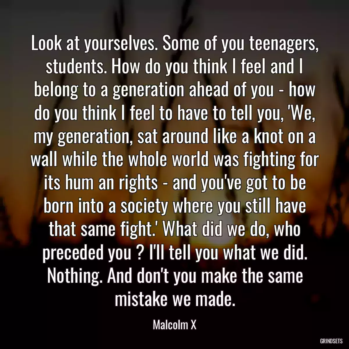 Look at yourselves. Some of you teenagers, students. How do you think I feel and I belong to a generation ahead of you - how do you think I feel to have to tell you, \'We, my generation, sat around like a knot on a wall while the whole world was fighting for its hum an rights - and you\'ve got to be born into a society where you still have that same fight.\' What did we do, who preceded you ? I\'ll tell you what we did. Nothing. And don\'t you make the same mistake we made.