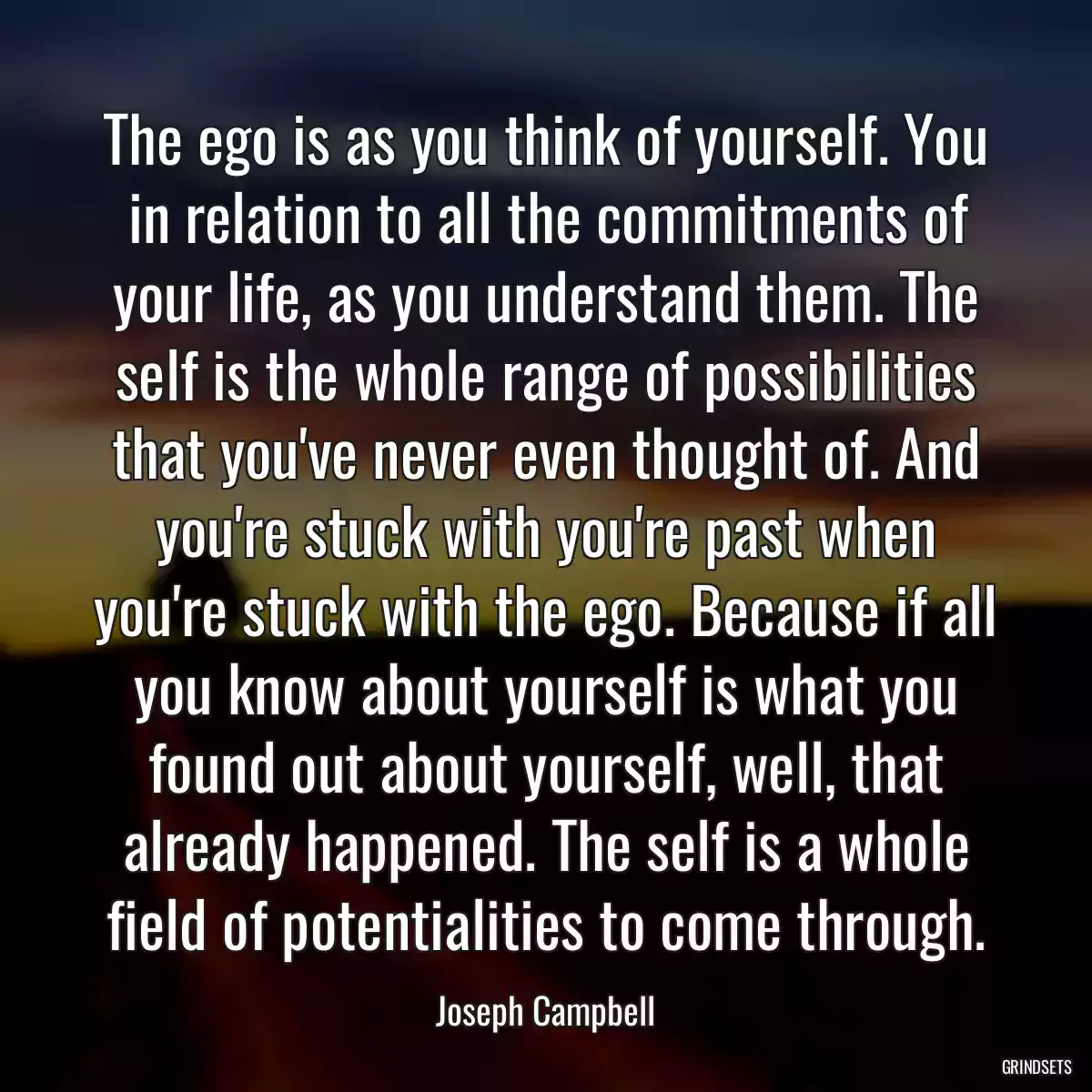 The ego is as you think of yourself. You in relation to all the commitments of your life, as you understand them. The self is the whole range of possibilities that you\'ve never even thought of. And you\'re stuck with you\'re past when you\'re stuck with the ego. Because if all you know about yourself is what you found out about yourself, well, that already happened. The self is a whole field of potentialities to come through.