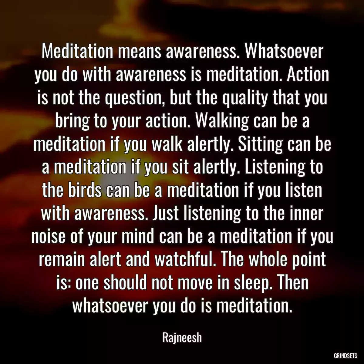 Meditation means awareness. Whatsoever you do with awareness is meditation. Action is not the question, but the quality that you bring to your action. Walking can be a meditation if you walk alertly. Sitting can be a meditation if you sit alertly. Listening to the birds can be a meditation if you listen with awareness. Just listening to the inner noise of your mind can be a meditation if you remain alert and watchful. The whole point is: one should not move in sleep. Then whatsoever you do is meditation.