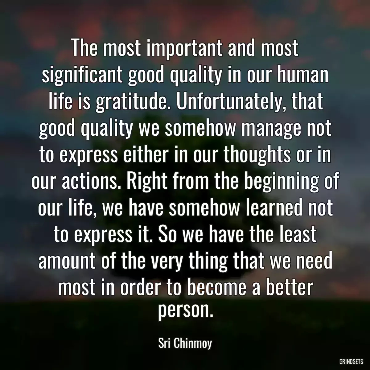 The most important and most significant good quality in our human life is gratitude. Unfortunately, that good quality we somehow manage not to express either in our thoughts or in our actions. Right from the beginning of our life, we have somehow learned not to express it. So we have the least amount of the very thing that we need most in order to become a better person.