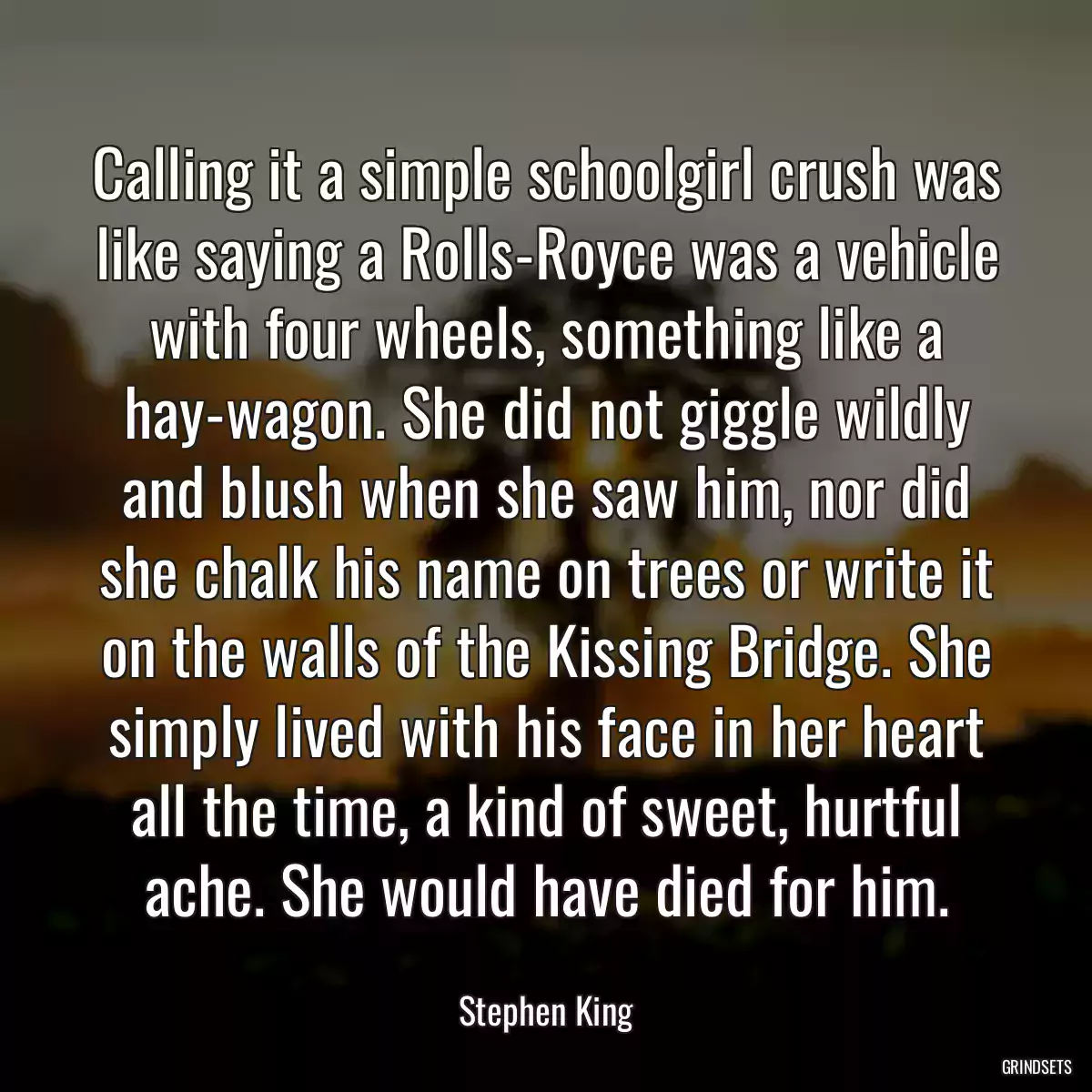 Calling it a simple schoolgirl crush was like saying a Rolls-Royce was a vehicle with four wheels, something like a hay-wagon. She did not giggle wildly and blush when she saw him, nor did she chalk his name on trees or write it on the walls of the Kissing Bridge. She simply lived with his face in her heart all the time, a kind of sweet, hurtful ache. She would have died for him.