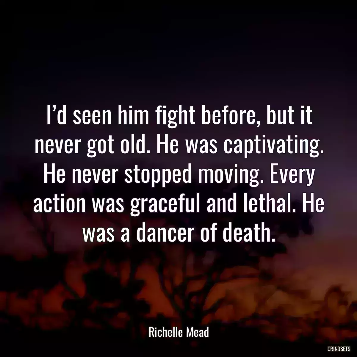 I’d seen him fight before, but it never got old. He was captivating. He never stopped moving. Every action was graceful and lethal. He was a dancer of death.