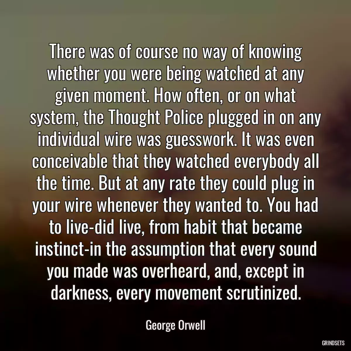 There was of course no way of knowing whether you were being watched at any given moment. How often, or on what system, the Thought Police plugged in on any individual wire was guesswork. It was even conceivable that they watched everybody all the time. But at any rate they could plug in your wire whenever they wanted to. You had to live-did live, from habit that became instinct-in the assumption that every sound you made was overheard, and, except in darkness, every movement scrutinized.