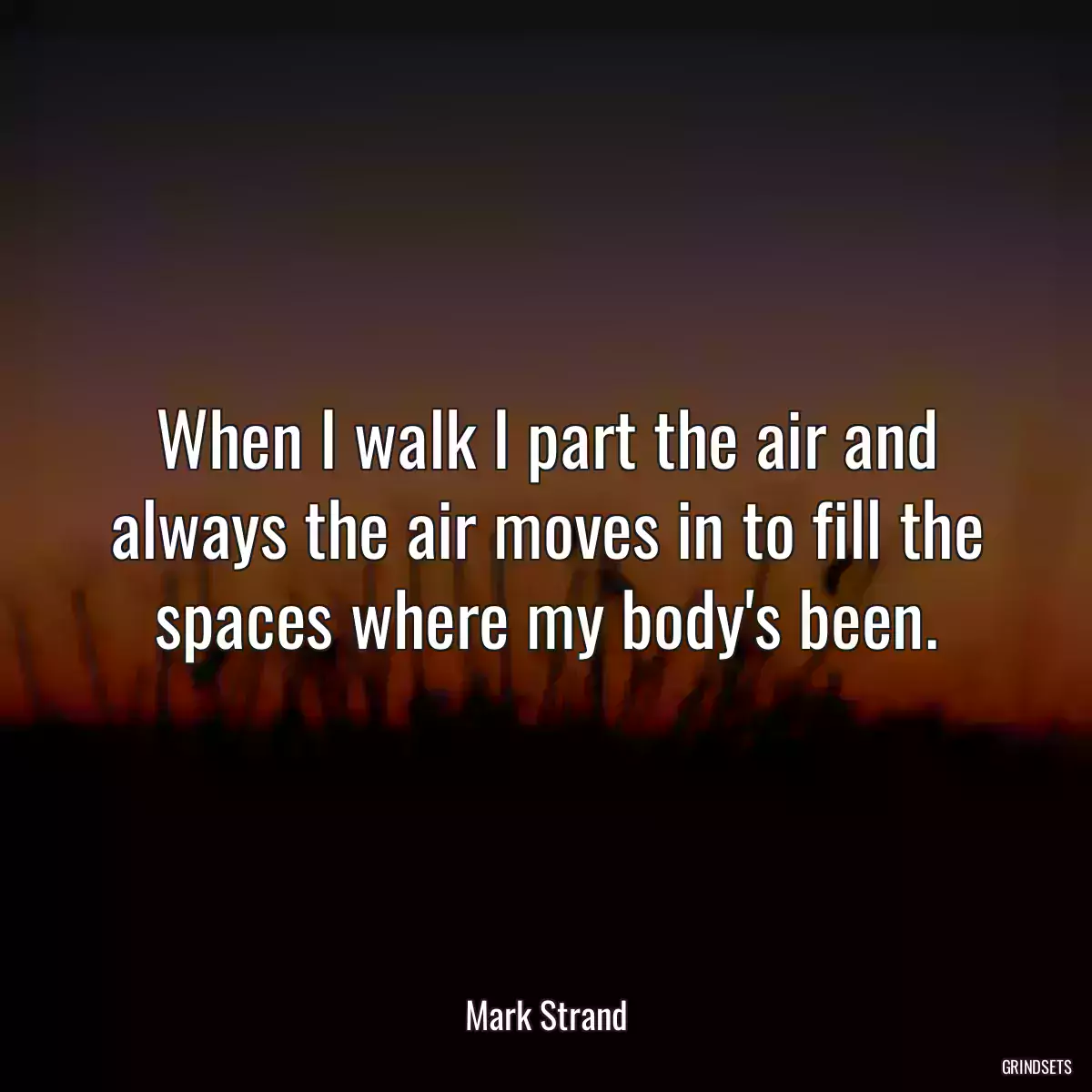 When I walk I part the air and always the air moves in to fill the spaces where my body\'s been.