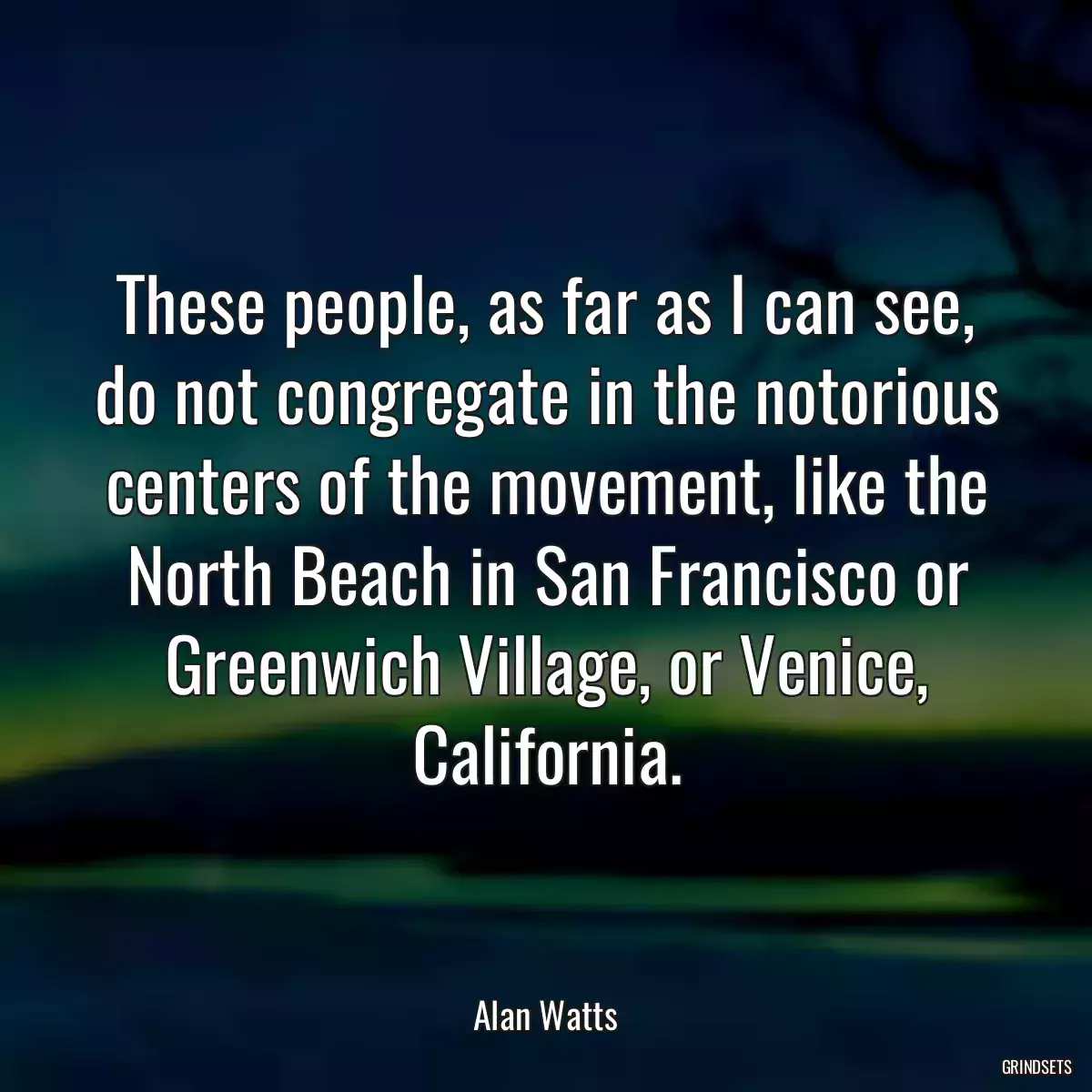 These people, as far as I can see, do not congregate in the notorious centers of the movement, like the North Beach in San Francisco or Greenwich Village, or Venice, California.