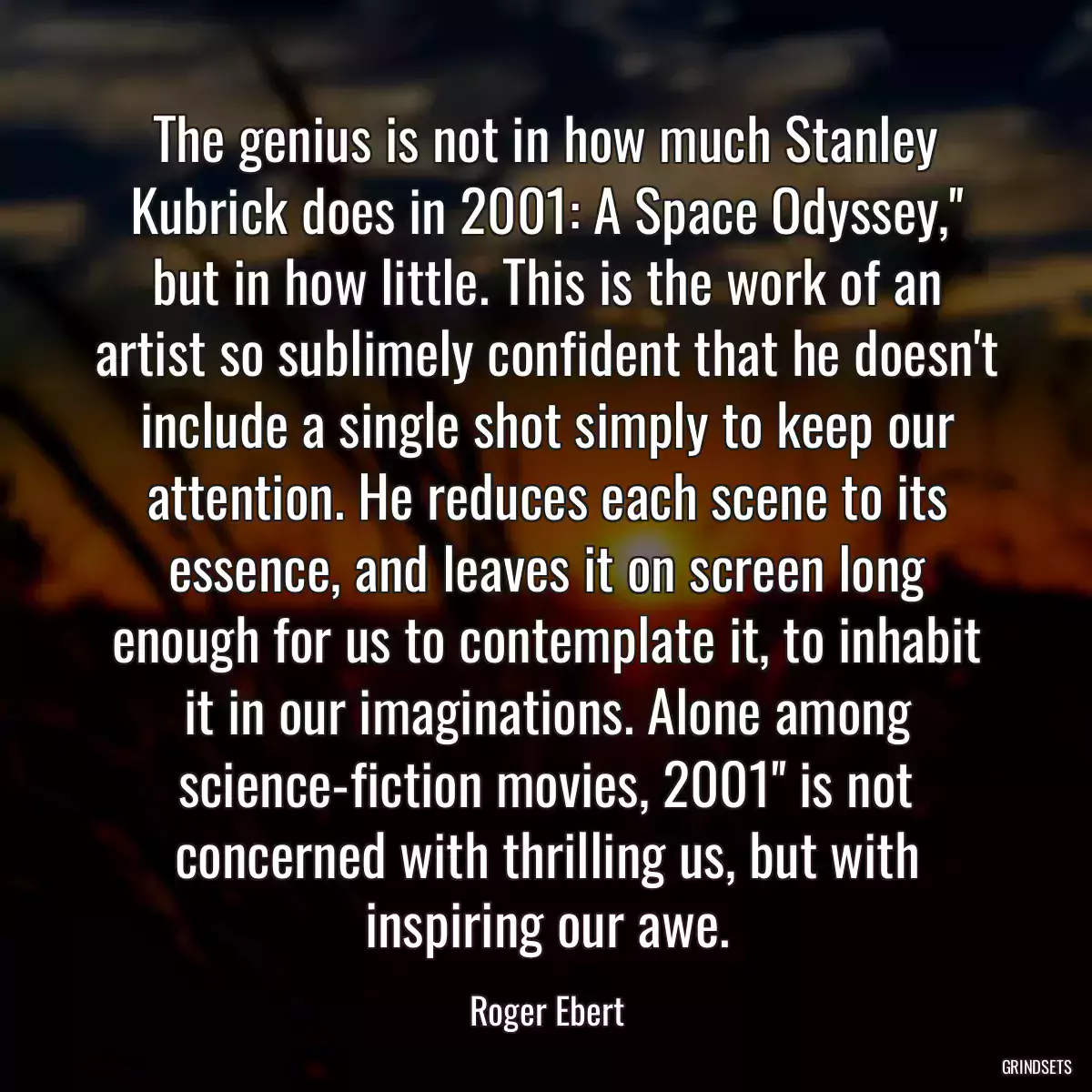 The genius is not in how much Stanley Kubrick does in 2001: A Space Odyssey,\'\' but in how little. This is the work of an artist so sublimely confident that he doesn\'t include a single shot simply to keep our attention. He reduces each scene to its essence, and leaves it on screen long enough for us to contemplate it, to inhabit it in our imaginations. Alone among science-fiction movies, 2001\'\' is not concerned with thrilling us, but with inspiring our awe.