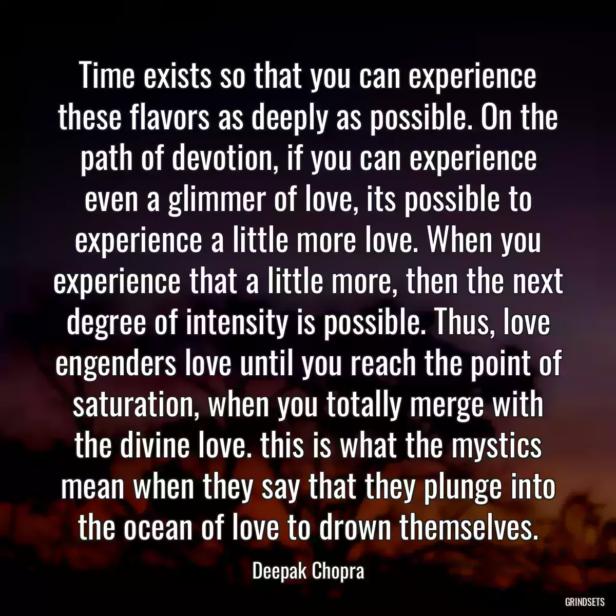 Time exists so that you can experience these flavors as deeply as possible. On the path of devotion, if you can experience even a glimmer of love, its possible to experience a little more love. When you experience that a little more, then the next degree of intensity is possible. Thus, love engenders love until you reach the point of saturation, when you totally merge with the divine love. this is what the mystics mean when they say that they plunge into the ocean of love to drown themselves.