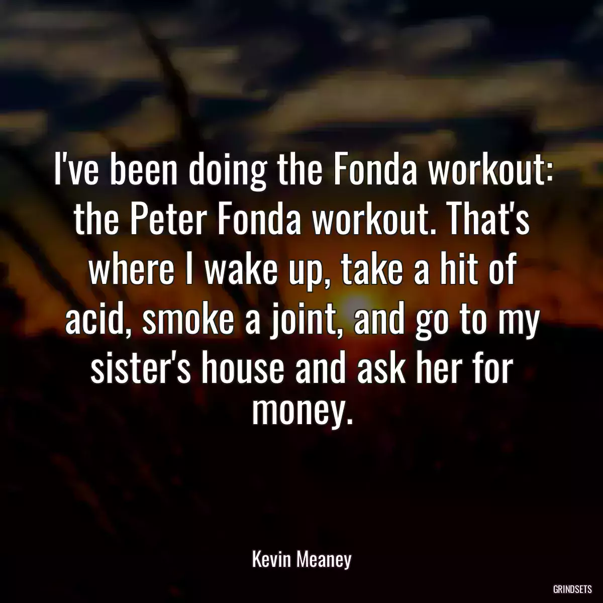 I\'ve been doing the Fonda workout: the Peter Fonda workout. That\'s where I wake up, take a hit of acid, smoke a joint, and go to my sister\'s house and ask her for money.