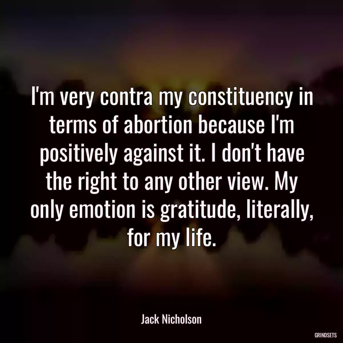 I\'m very contra my constituency in terms of abortion because I\'m positively against it. I don\'t have the right to any other view. My only emotion is gratitude, literally, for my life.