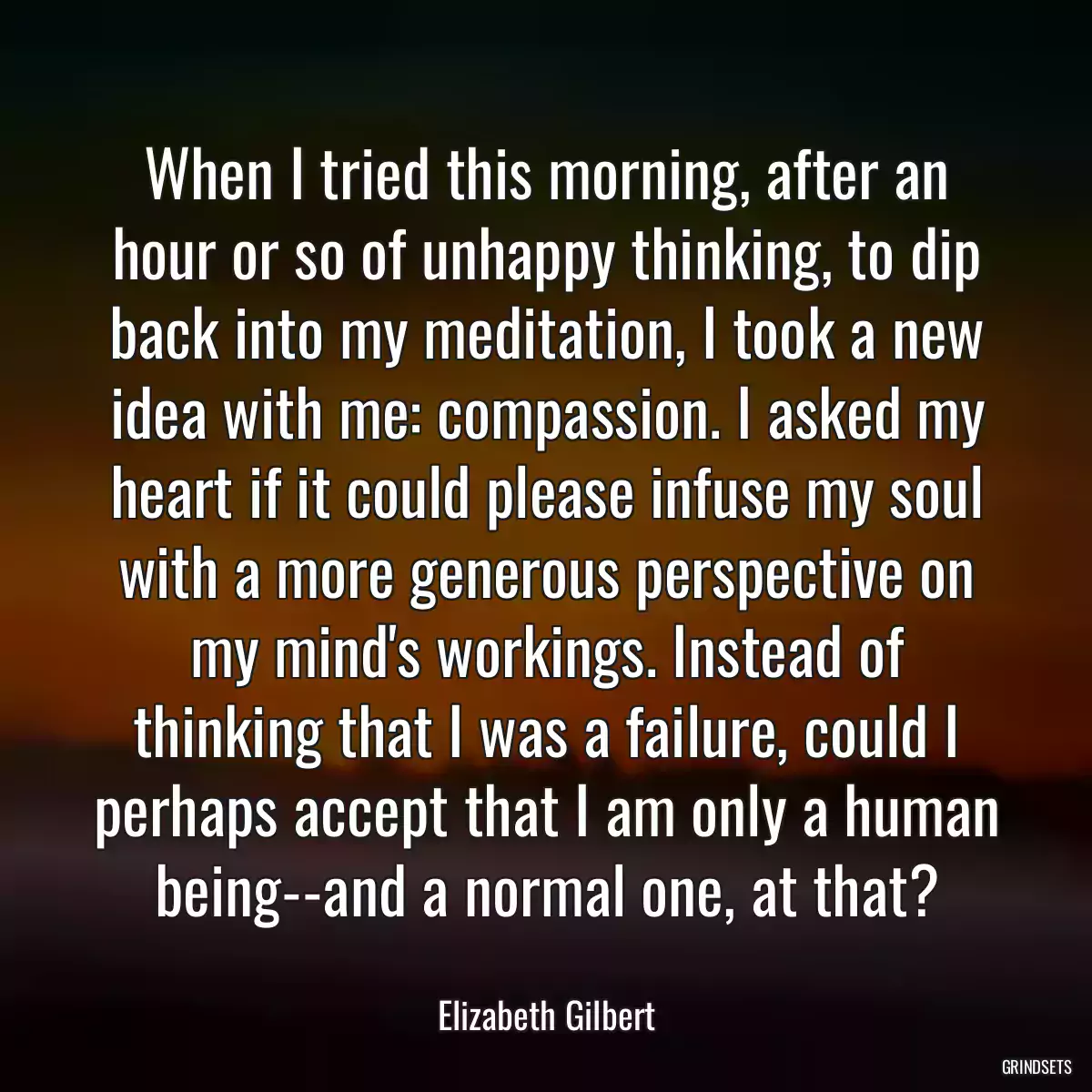 When I tried this morning, after an hour or so of unhappy thinking, to dip back into my meditation, I took a new idea with me: compassion. I asked my heart if it could please infuse my soul with a more generous perspective on my mind\'s workings. Instead of thinking that I was a failure, could I perhaps accept that I am only a human being--and a normal one, at that?