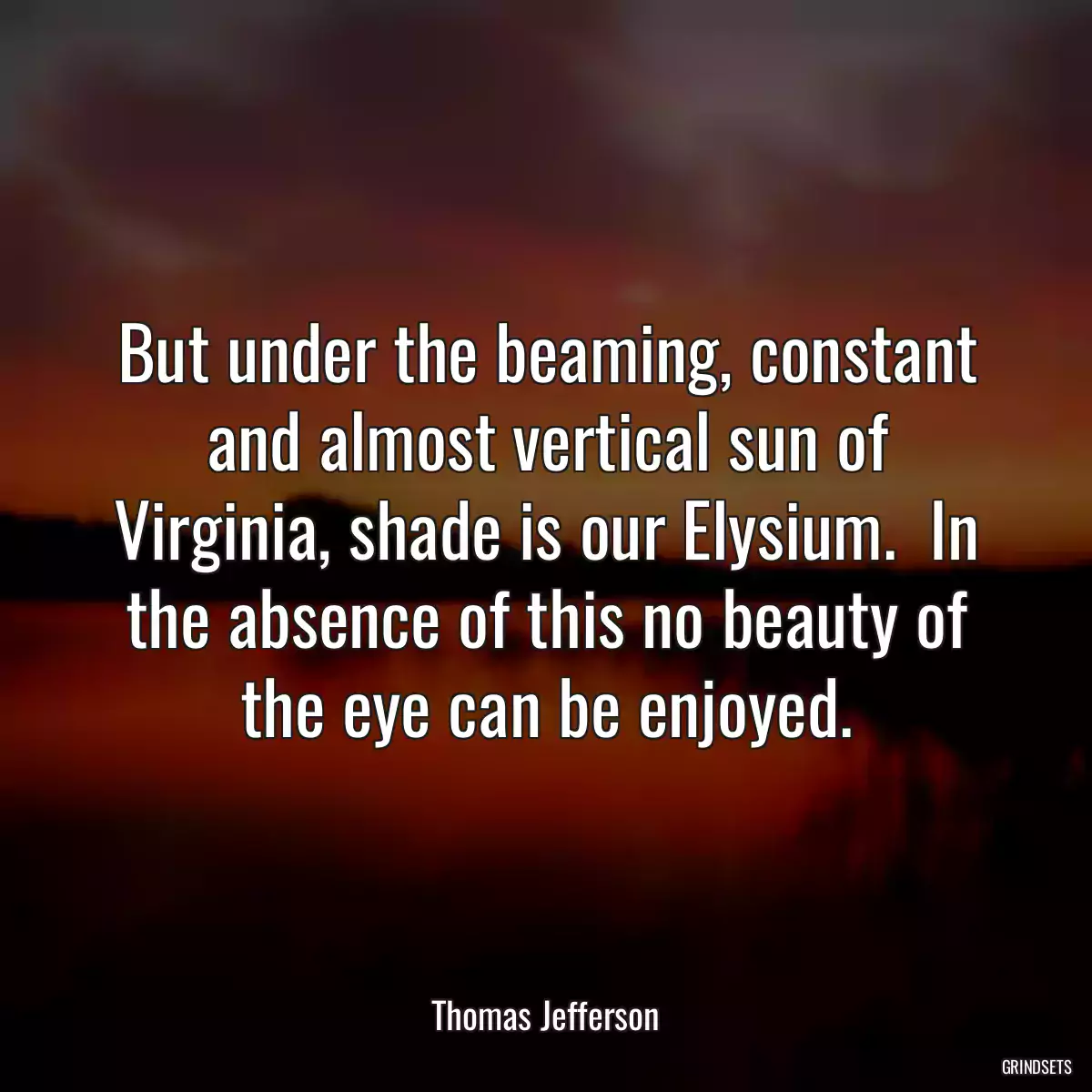 But under the beaming, constant and almost vertical sun of Virginia, shade is our Elysium.  In the absence of this no beauty of the eye can be enjoyed.