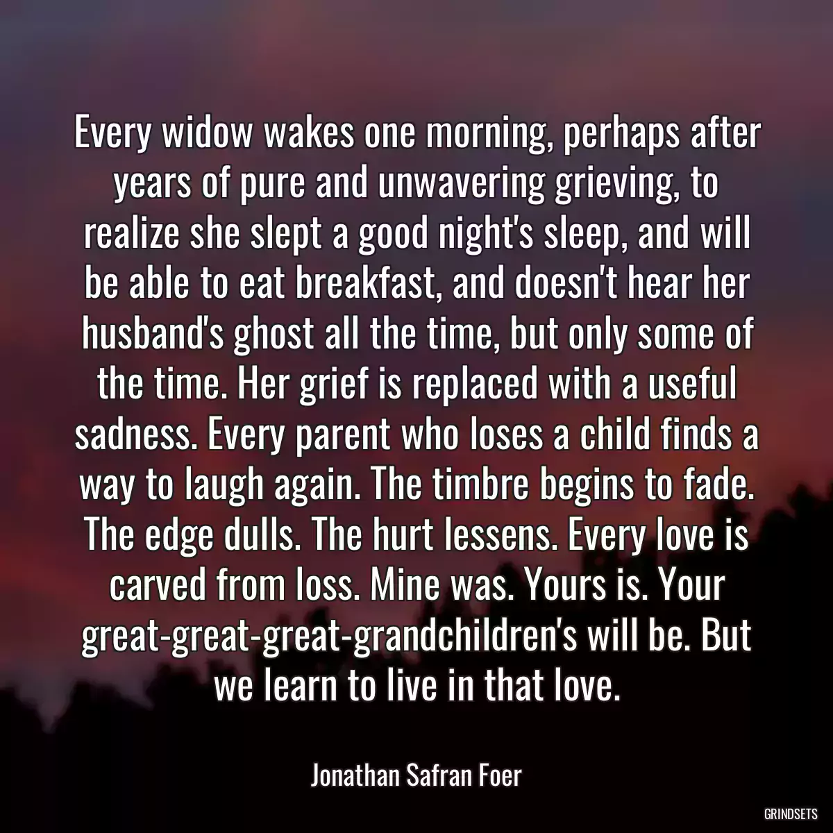 Every widow wakes one morning, perhaps after years of pure and unwavering grieving, to realize she slept a good night\'s sleep, and will be able to eat breakfast, and doesn\'t hear her husband\'s ghost all the time, but only some of the time. Her grief is replaced with a useful sadness. Every parent who loses a child finds a way to laugh again. The timbre begins to fade. The edge dulls. The hurt lessens. Every love is carved from loss. Mine was. Yours is. Your great-great-great-grandchildren\'s will be. But we learn to live in that love.