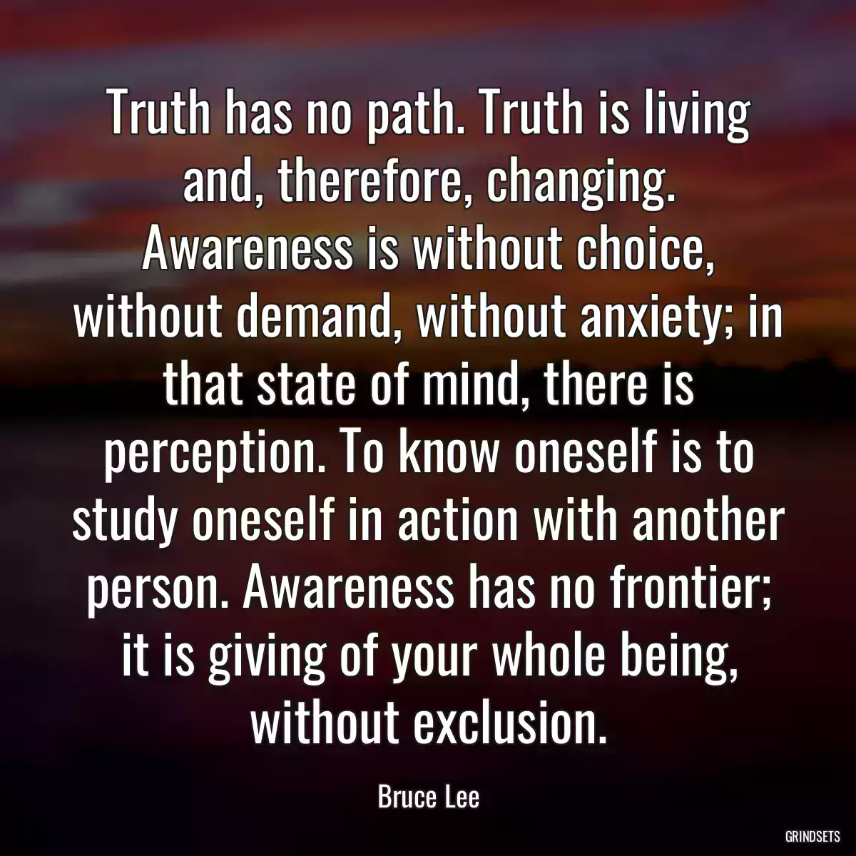 Truth has no path. Truth is living and, therefore, changing. Awareness is without choice, without demand, without anxiety; in that state of mind, there is perception. To know oneself is to study oneself in action with another person. Awareness has no frontier; it is giving of your whole being, without exclusion.