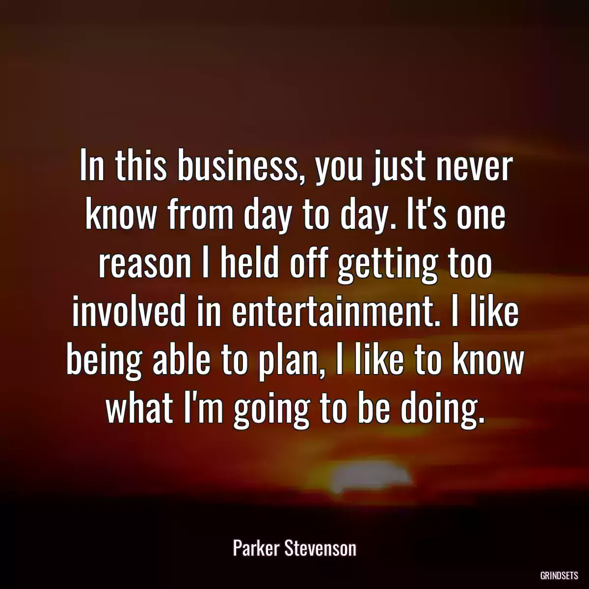 In this business, you just never know from day to day. It\'s one reason I held off getting too involved in entertainment. I like being able to plan, I like to know what I\'m going to be doing.