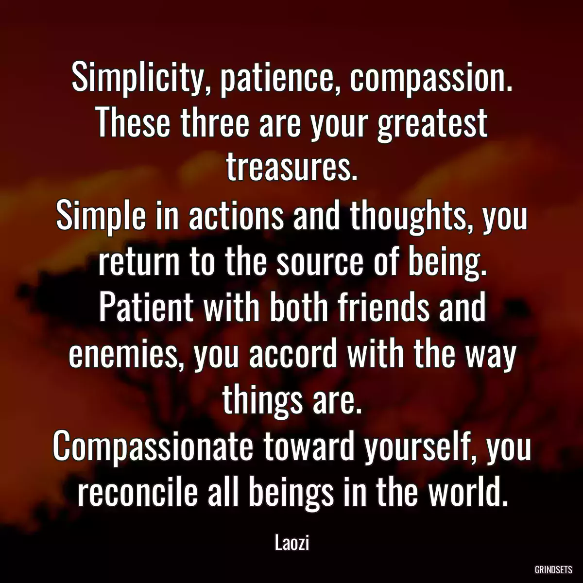 Simplicity, patience, compassion.
These three are your greatest treasures.
Simple in actions and thoughts, you return to the source of being.
Patient with both friends and enemies, you accord with the way things are.
Compassionate toward yourself, you reconcile all beings in the world.