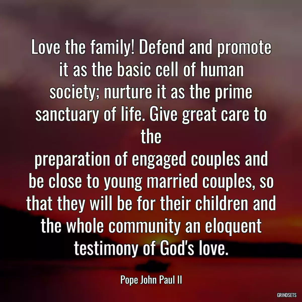 Love the family! Defend and promote it as the basic cell of human
society; nurture it as the prime sanctuary of life. Give great care to the
preparation of engaged couples and be close to young married couples, so
that they will be for their children and the whole community an eloquent
testimony of God\'s love.