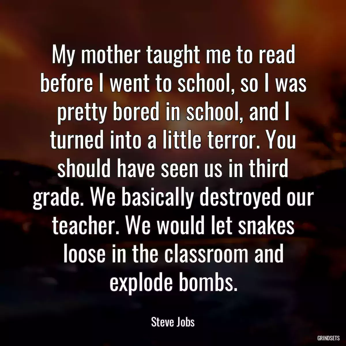 My mother taught me to read before I went to school, so I was pretty bored in school, and I turned into a little terror. You should have seen us in third grade. We basically destroyed our teacher. We would let snakes loose in the classroom and explode bombs.