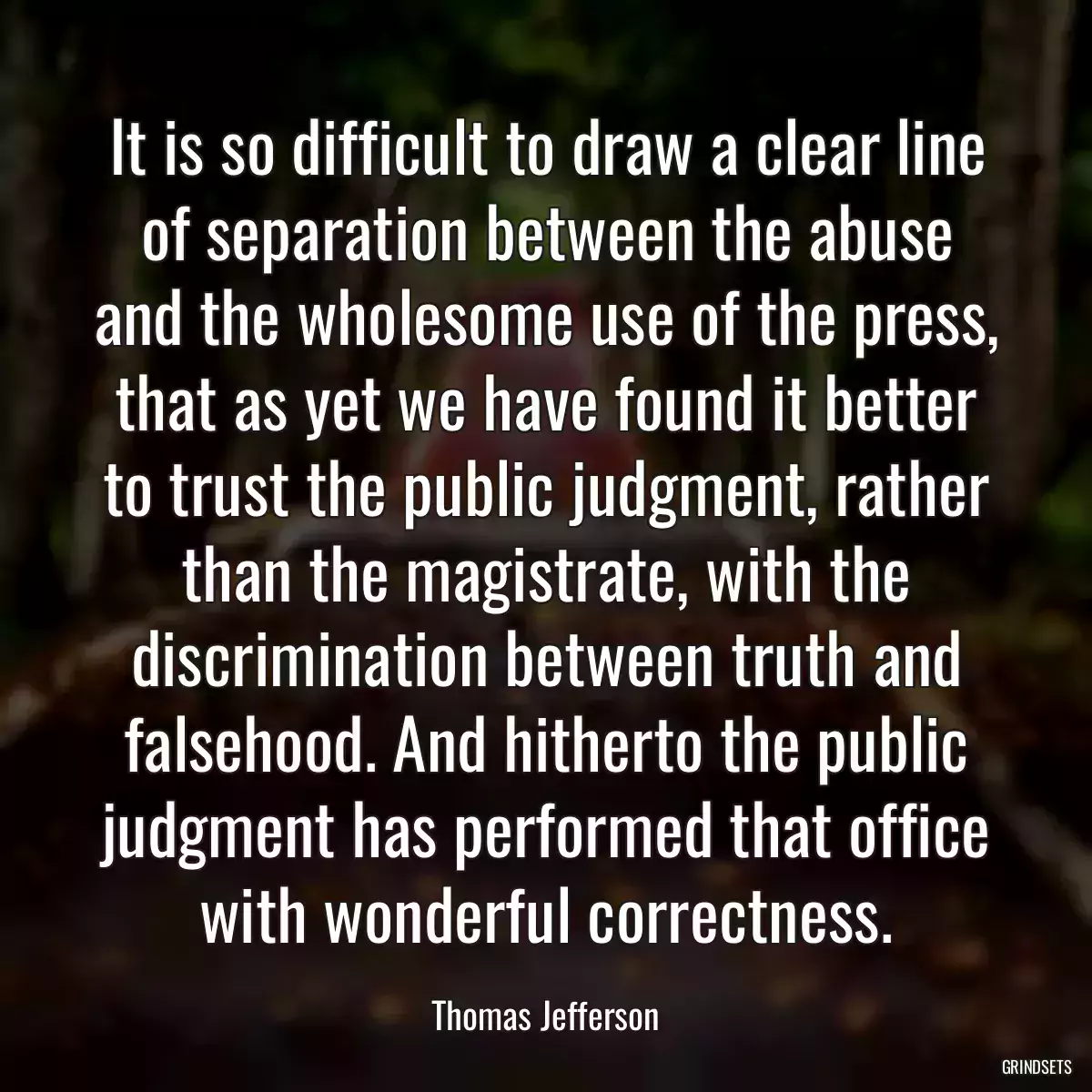 It is so difficult to draw a clear line of separation between the abuse and the wholesome use of the press, that as yet we have found it better to trust the public judgment, rather than the magistrate, with the discrimination between truth and falsehood. And hitherto the public judgment has performed that office with wonderful correctness.