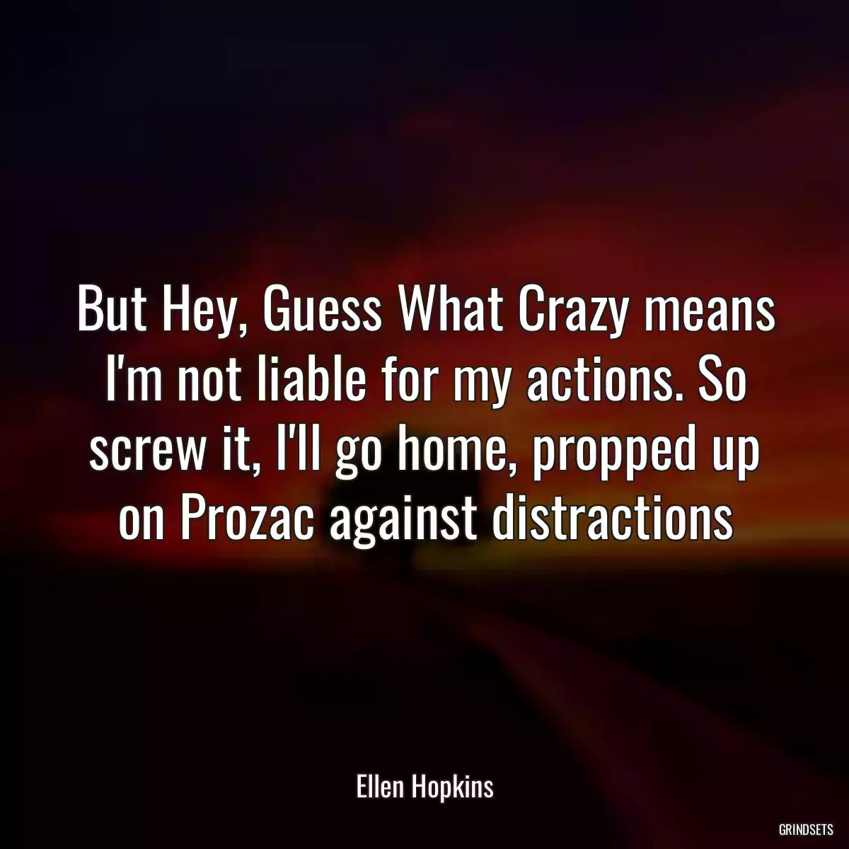 But Hey, Guess What Crazy means I\'m not liable for my actions. So screw it, I\'ll go home, propped up on Prozac against distractions