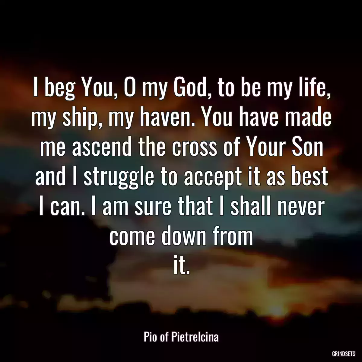 I beg You, O my God, to be my life, my ship, my haven. You have made me ascend the cross of Your Son and I struggle to accept it as best I can. I am sure that I shall never come down from
it.