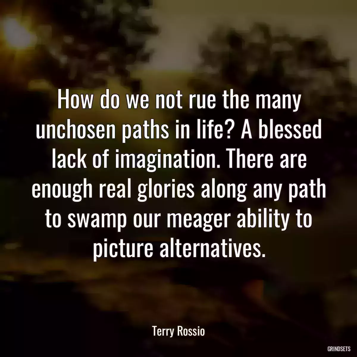 How do we not rue the many unchosen paths in life? A blessed lack of imagination. There are enough real glories along any path to swamp our meager ability to picture alternatives.