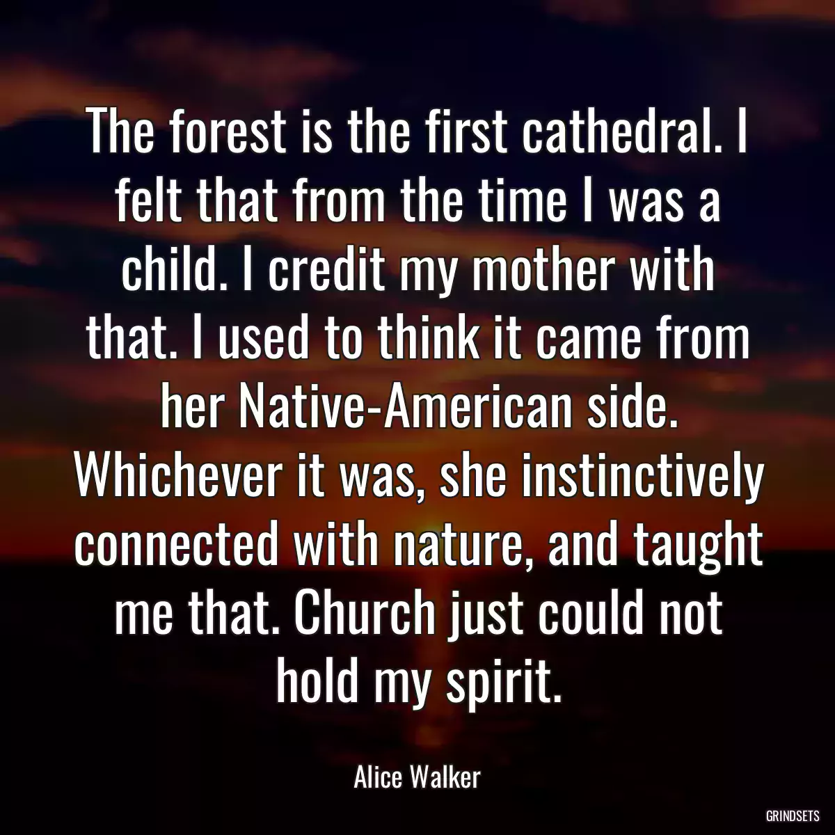 The forest is the first cathedral. I felt that from the time I was a child. I credit my mother with that. I used to think it came from her Native-American side. Whichever it was, she instinctively connected with nature, and taught me that. Church just could not hold my spirit.