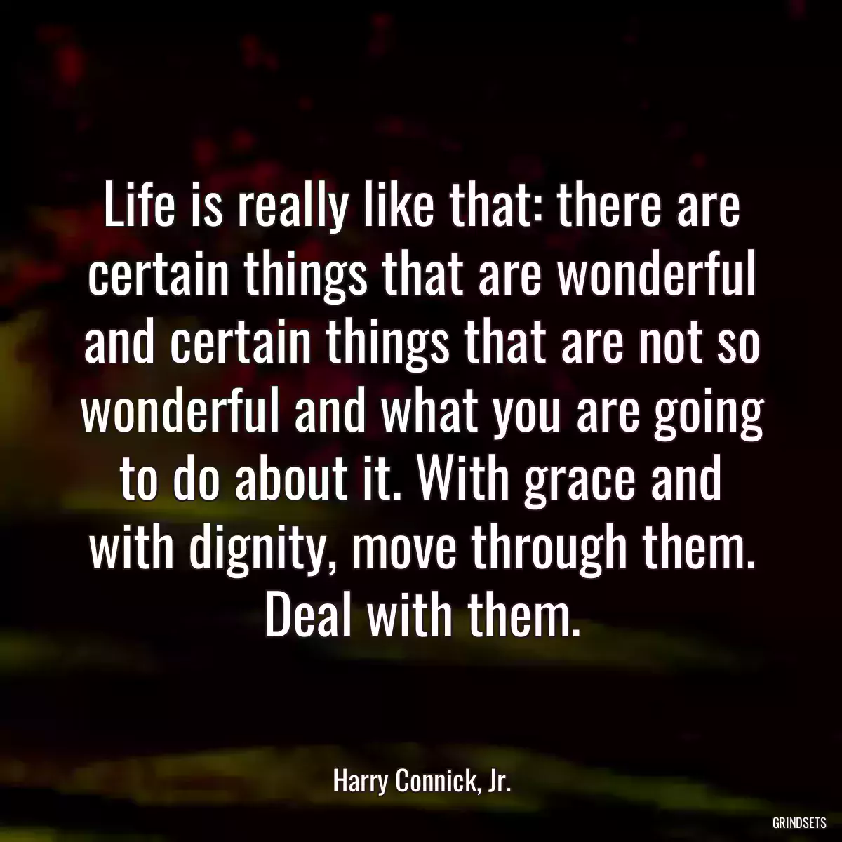 Life is really like that: there are certain things that are wonderful and certain things that are not so wonderful and what you are going to do about it. With grace and with dignity, move through them. Deal with them.