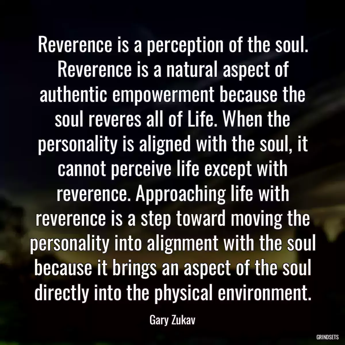 Reverence is a perception of the soul. Reverence is a natural aspect of authentic empowerment because the soul reveres all of Life. When the personality is aligned with the soul, it cannot perceive life except with reverence. Approaching life with reverence is a step toward moving the personality into alignment with the soul because it brings an aspect of the soul directly into the physical environment.