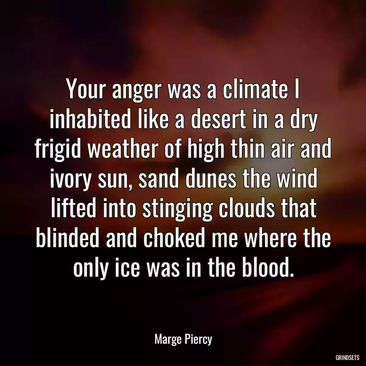 Your anger was a climate I inhabited like a desert in a dry frigid weather of high thin air and ivory sun, sand dunes the wind lifted into stinging clouds that blinded and choked me where the only ice was in the blood.