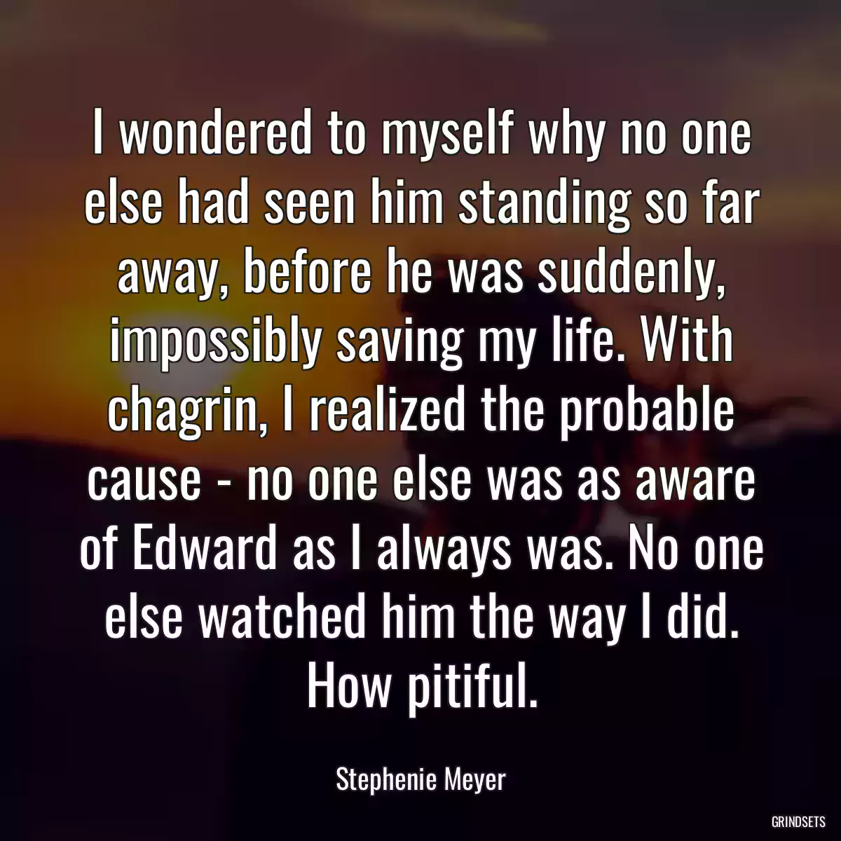 I wondered to myself why no one else had seen him standing so far away, before he was suddenly, impossibly saving my life. With chagrin, I realized the probable cause - no one else was as aware of Edward as I always was. No one else watched him the way I did. How pitiful.