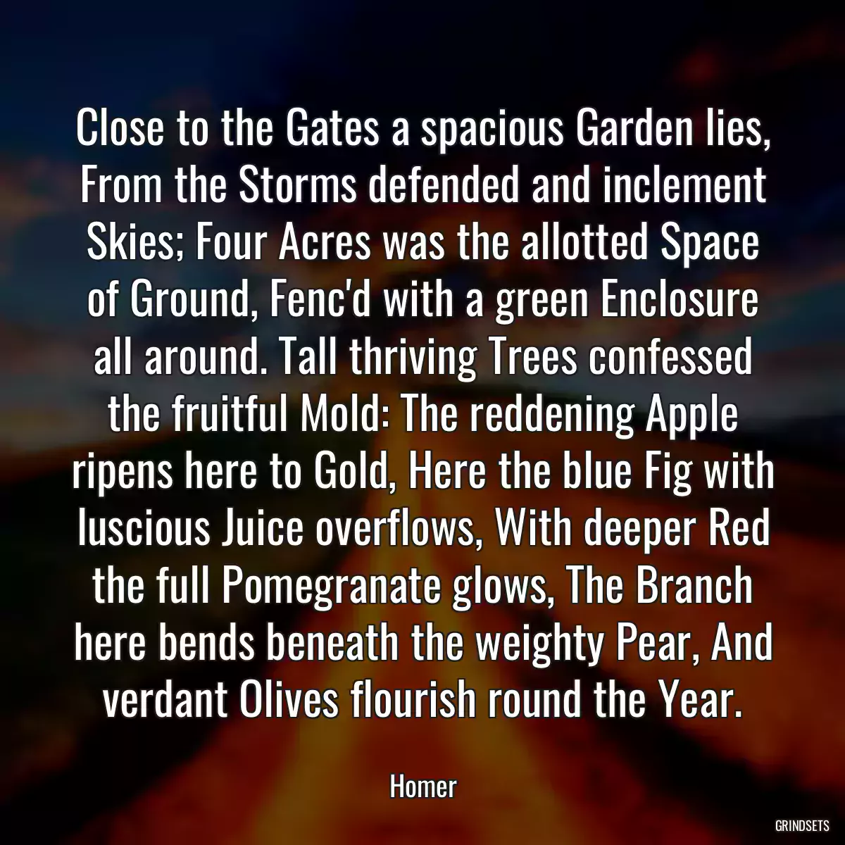 Close to the Gates a spacious Garden lies, From the Storms defended and inclement Skies; Four Acres was the allotted Space of Ground, Fenc\'d with a green Enclosure all around. Tall thriving Trees confessed the fruitful Mold: The reddening Apple ripens here to Gold, Here the blue Fig with luscious Juice overflows, With deeper Red the full Pomegranate glows, The Branch here bends beneath the weighty Pear, And verdant Olives flourish round the Year.