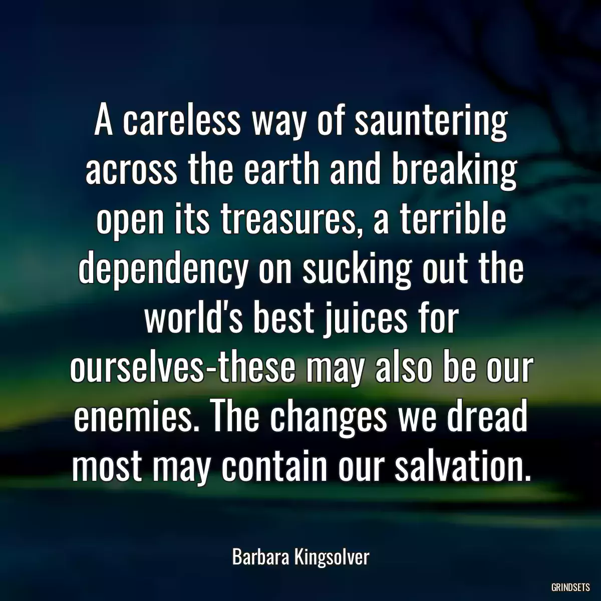 A careless way of sauntering across the earth and breaking open its treasures, a terrible dependency on sucking out the world\'s best juices for ourselves-these may also be our enemies. The changes we dread most may contain our salvation.