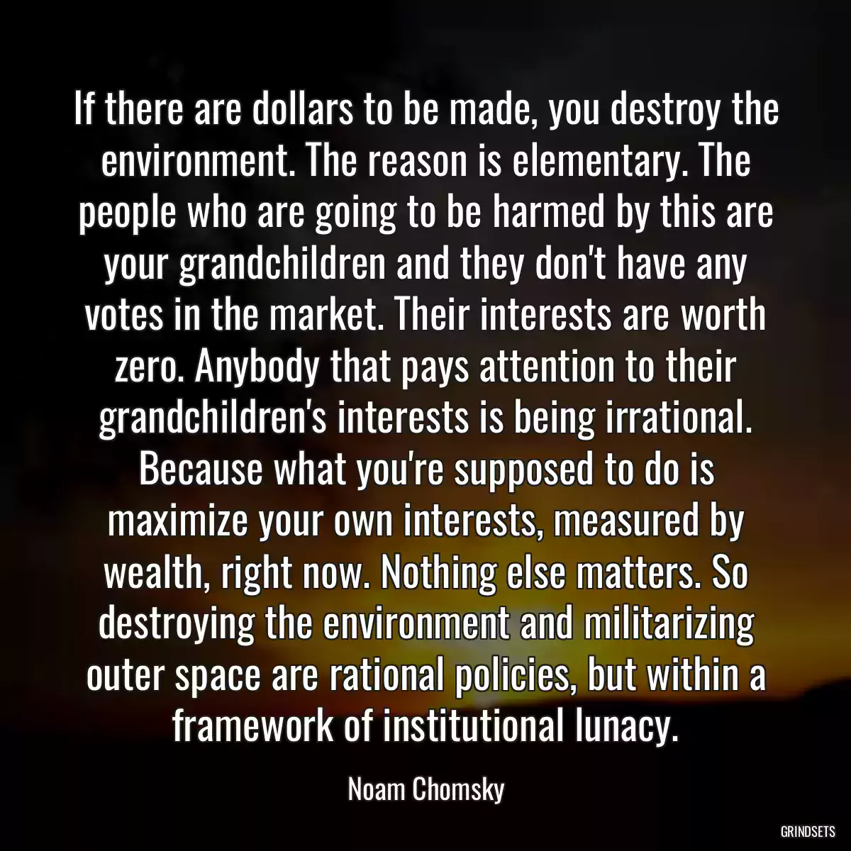 If there are dollars to be made, you destroy the environment. The reason is elementary. The people who are going to be harmed by this are your grandchildren and they don\'t have any votes in the market. Their interests are worth zero. Anybody that pays attention to their grandchildren\'s interests is being irrational. Because what you\'re supposed to do is maximize your own interests, measured by wealth, right now. Nothing else matters. So destroying the environment and militarizing outer space are rational policies, but within a framework of institutional lunacy.