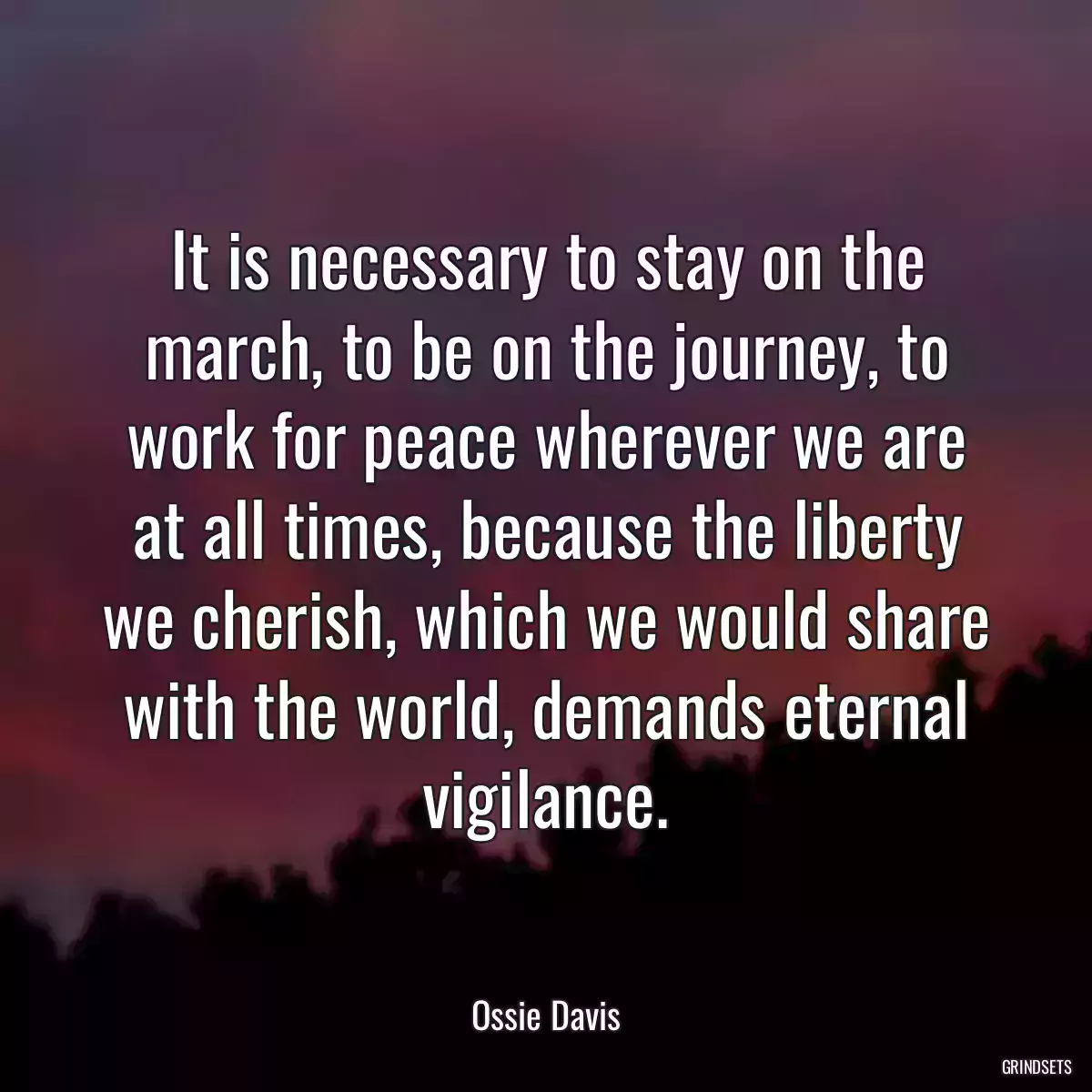 It is necessary to stay on the march, to be on the journey, to work for peace wherever we are at all times, because the liberty we cherish, which we would share with the world, demands eternal vigilance.