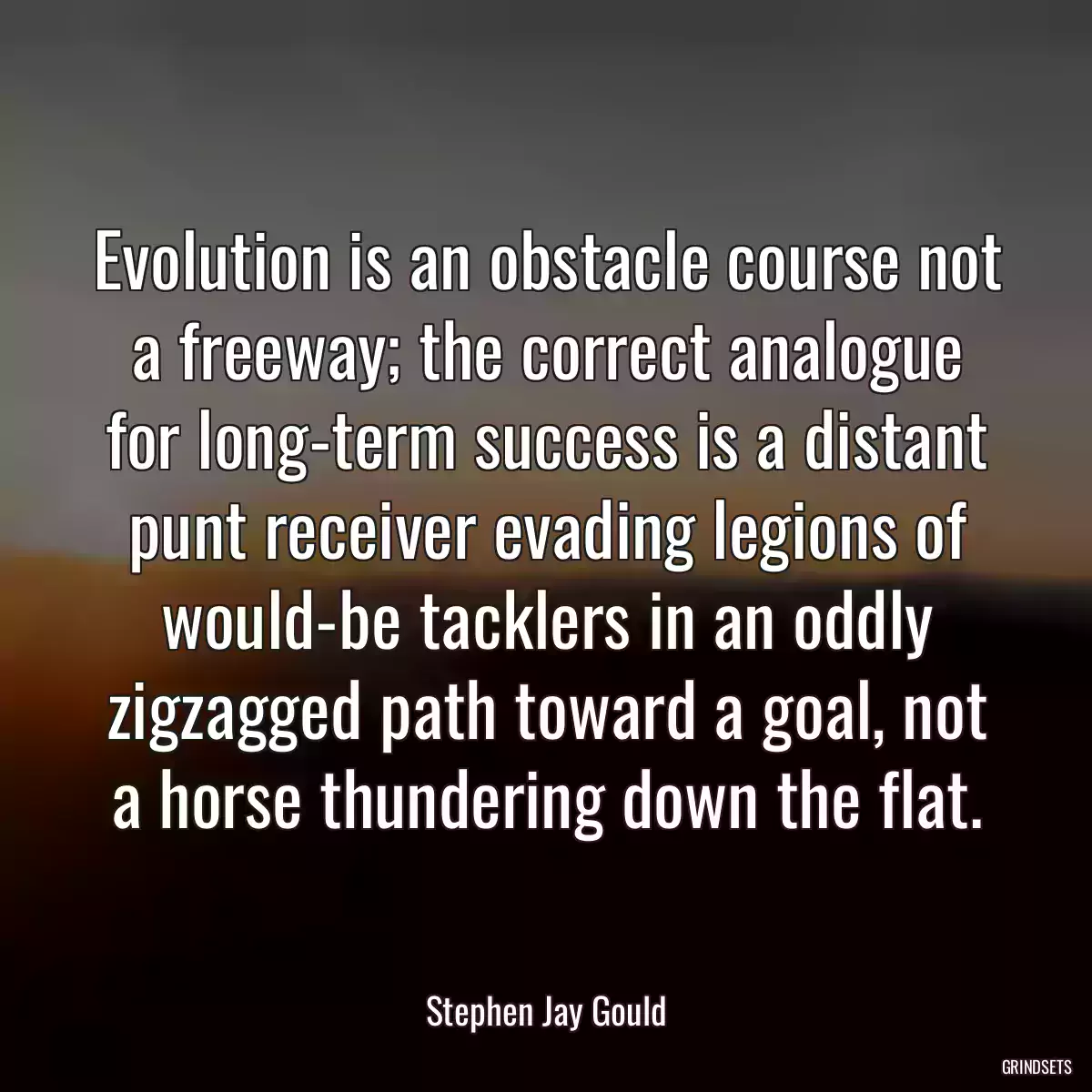 Evolution is an obstacle course not a freeway; the correct analogue for long-term success is a distant punt receiver evading legions of would-be tacklers in an oddly zigzagged path toward a goal, not a horse thundering down the flat.