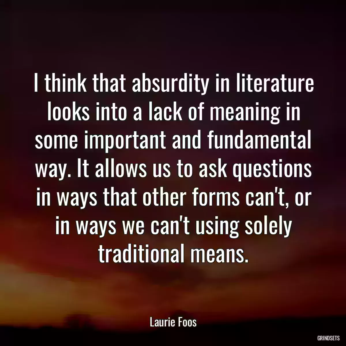 I think that absurdity in literature looks into a lack of meaning in some important and fundamental way. It allows us to ask questions in ways that other forms can\'t, or in ways we can\'t using solely traditional means.