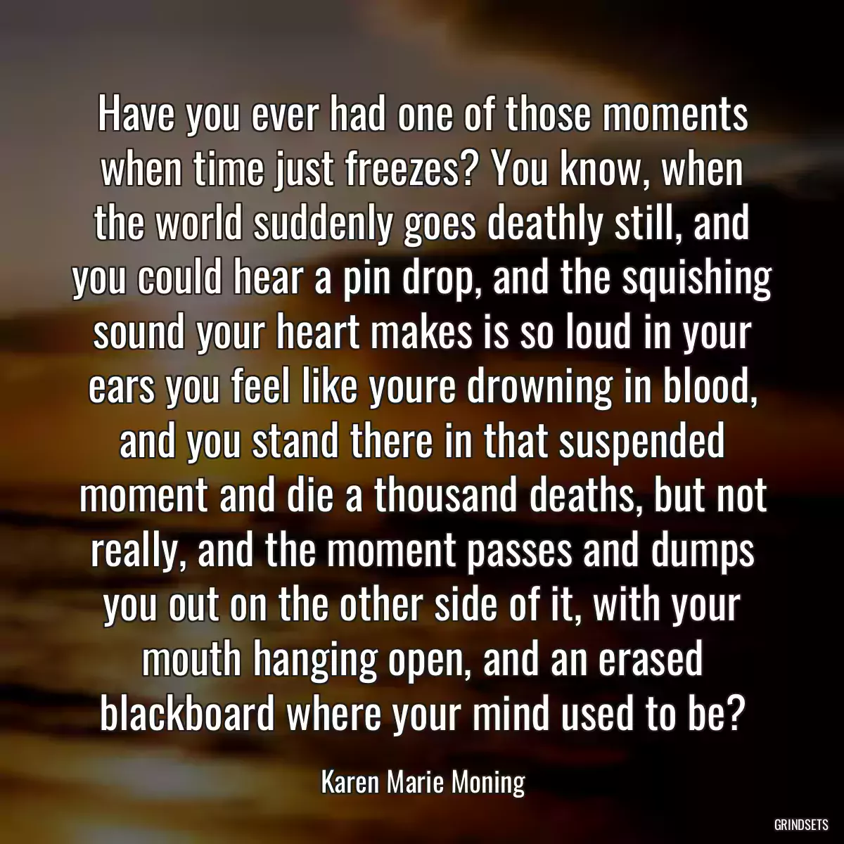 Have you ever had one of those moments when time just freezes? You know, when the world suddenly goes deathly still, and you could hear a pin drop, and the squishing sound your heart makes is so loud in your ears you feel like youre drowning in blood, and you stand there in that suspended moment and die a thousand deaths, but not really, and the moment passes and dumps you out on the other side of it, with your mouth hanging open, and an erased blackboard where your mind used to be?