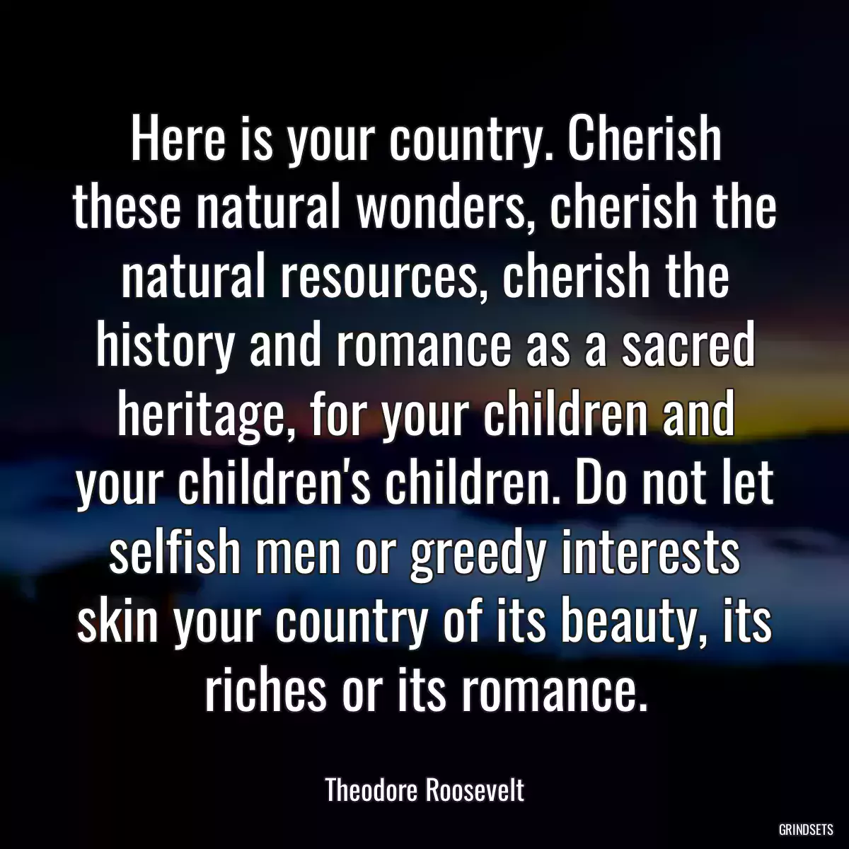 Here is your country. Cherish these natural wonders, cherish the natural resources, cherish the history and romance as a sacred heritage, for your children and your children\'s children. Do not let selfish men or greedy interests skin your country of its beauty, its riches or its romance.