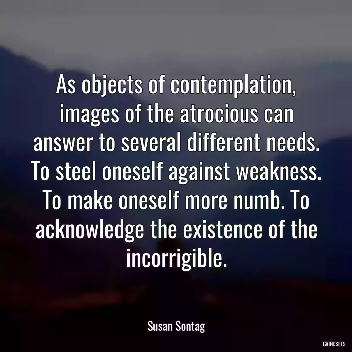 As objects of contemplation, images of the atrocious can answer to several different needs. To steel oneself against weakness. To make oneself more numb. To acknowledge the existence of the incorrigible.